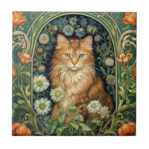 Carreau Chat rouge dans le jardin Art nouveau