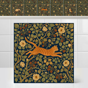 Carreau Chat roux tabby de William Morris sautant sous une