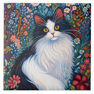 Carreau Chat smoking élégant avec des fleurs sauvages