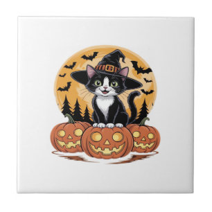 Carreau Chat Smoking Élégant Halloween Sorcière Citrouille