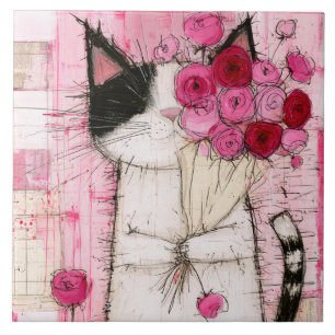 Carreau Chat Smoking Tenant un Bouquet de Roses Roses