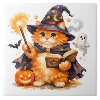 Carreau Chat sorcier Halloween à l'aquarelle avec fantôme