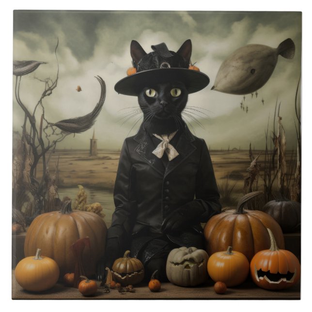 Carreau Chat sorcière avec citrouilles  (Devant)