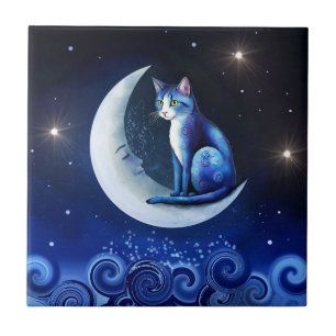 Carreau Chat sur Crescent Moon bleu Chat 773