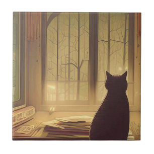 Carreau Chat sur le bureau avec papiers regardant les arbr