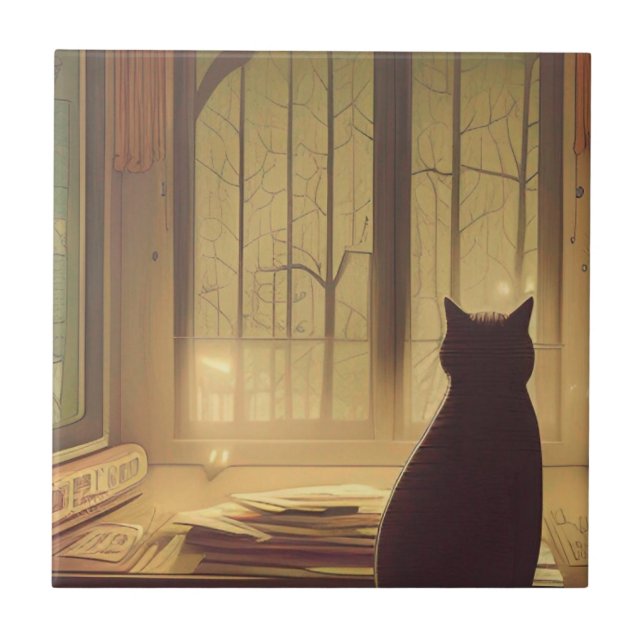 Carreau Chat sur le bureau avec papiers regardant les arbr (Devant)