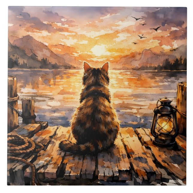 Carreau Chat sur le quai au coucher du soleil (Devant)