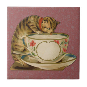 Carreau Chat Tasse à Thé Mignon Vintage Victorien Animal C