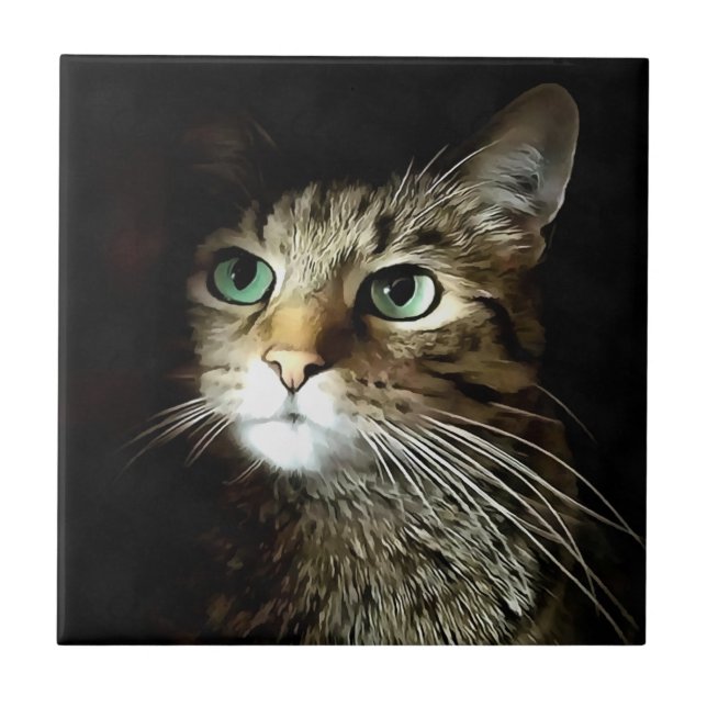 Carreau Chat Tigre aux Yeux Verts Isolés sur Fond Noir (Devant)
