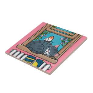 Carreau Chat tigré de sommeil avec le papillon sur le