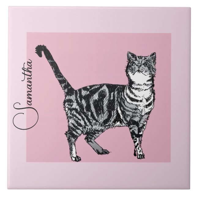Carreau Chat tigré rose pastel rose nom de fille (Devant)
