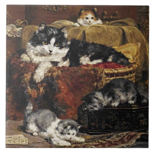 Carreau Chat vintage mignon noir et blanc avec chatons