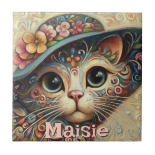 Carreau Chat Whimsical avec un Casquette Floral Personnali
