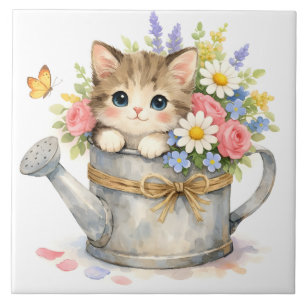 Carreau Chaton aquarelle à l'intérieur d'un arrosoir avec