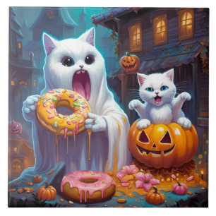 Carreau Chaton blanc et fantôme mangent des beignets d'Hal