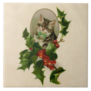 Carreau Chaton de Noël victorien au houx antique tabby