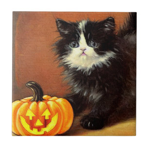 Carreau Chaton d'Halloween noir et blanc vintage