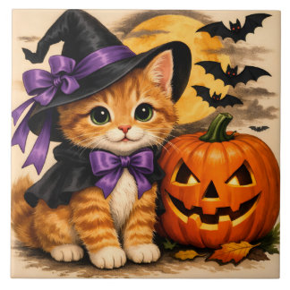 Carreau Chaton d'Halloween orange avec citrouille