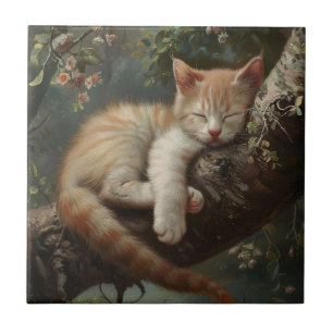 Carreau Chaton dormant dans un arbre Vintage