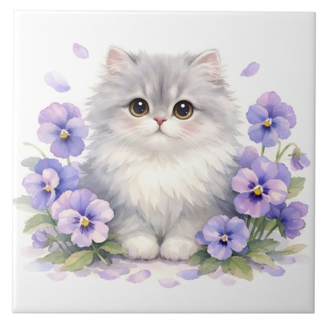 Carreau Chaton Fluffy Aquarelle avec Fleurs de Pensée Viol (Devant)