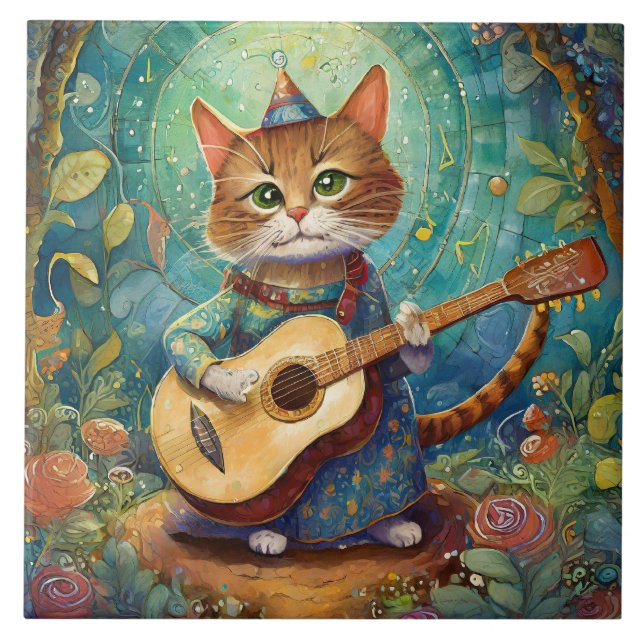 Carreau Chaton Jouant de la Guitare (Devant)