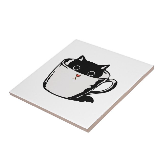 Carreau Chaton noir avec nez rouge caché dans une tasse (Côté)