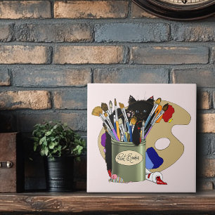 Carreau Chaton noir Pinceau Pot de peinture Artiste Chat R