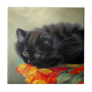 Carreau Chaton noir vintage avec couverture de fleur rouge