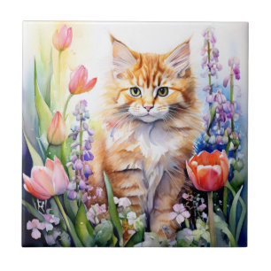 Carreau Chaton Orange Aquarelle Dans Un Jardin De Fleurs