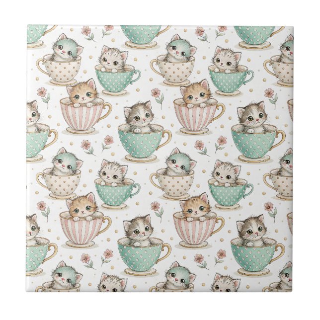 Carreau Chatons Mignons dans des Tasses à Thé - Motif de D (Devant)
