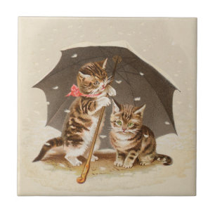 Carreau Chatons vintage sous un parapluie, art antique de 