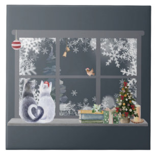 Carreau Chats à la fenêtre de Noël