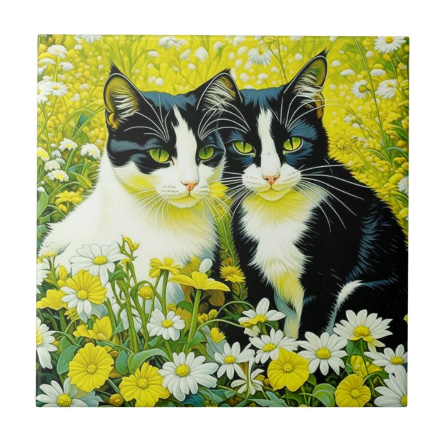Carreau Chats adorables assis dans un champ de marguerites (Devant)