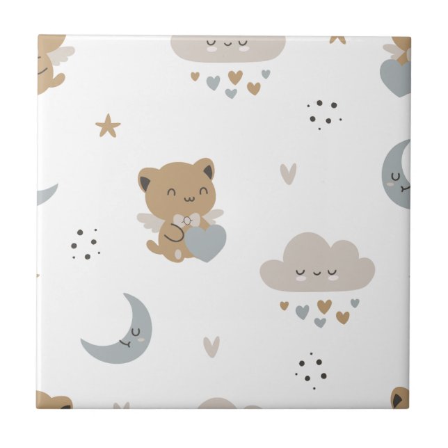 Carreau Chats anges Kawaii et nuages (1) (Devant)
