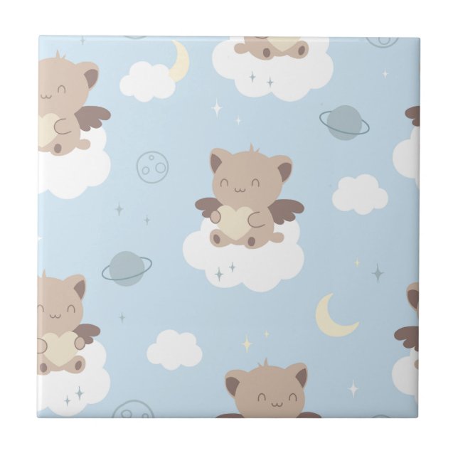 Carreau Chats anges kawaii sur motif de nuages (Devant)
