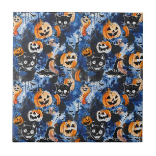 Carreau Chats d'Halloween mignons et citrouilles orange su