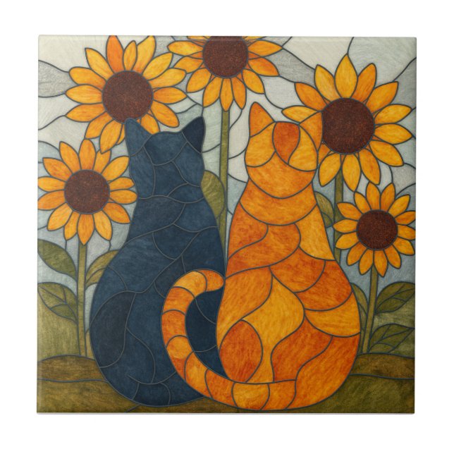 Carreau Chats en vitrail et conception d'art de tournesols (Devant)