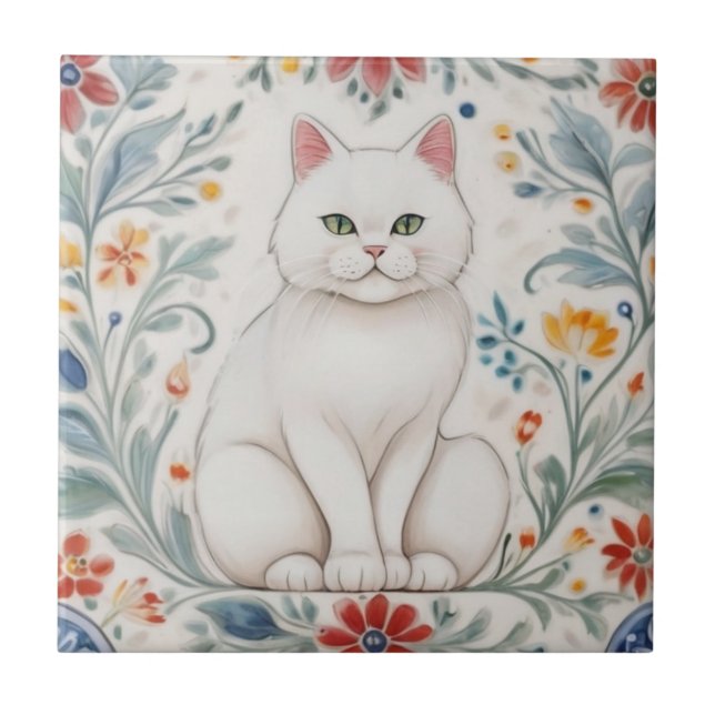Carreau Chats Floraux - Chat Blanc Fleurs Folkloriques Col (Devant)