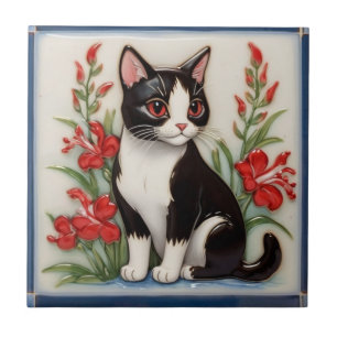 Carreau Chats Floraux - Chat Noir et Blanc & Fleurs Rouges