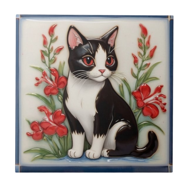 Carreau Chats Floraux - Chat Noir et Blanc & Fleurs Rouges (Devant)