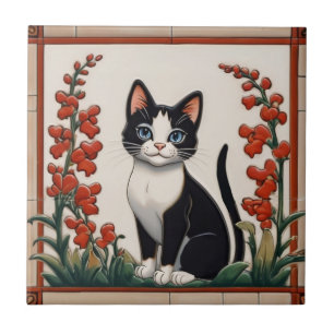 Carreau Chats floraux - Chat noir et blanc Jardin de fleur