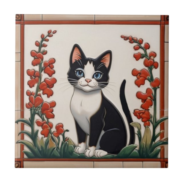 Carreau Chats floraux - Chat noir et blanc Jardin de fleur (Devant)