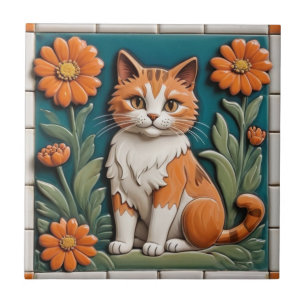Carreau Chats Floraux - Chat Rouquin & Jardin de Fleurs Or