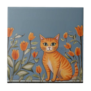 Carreau Chats Floraux - Chat Roux & Fleurs Orange Dessin A