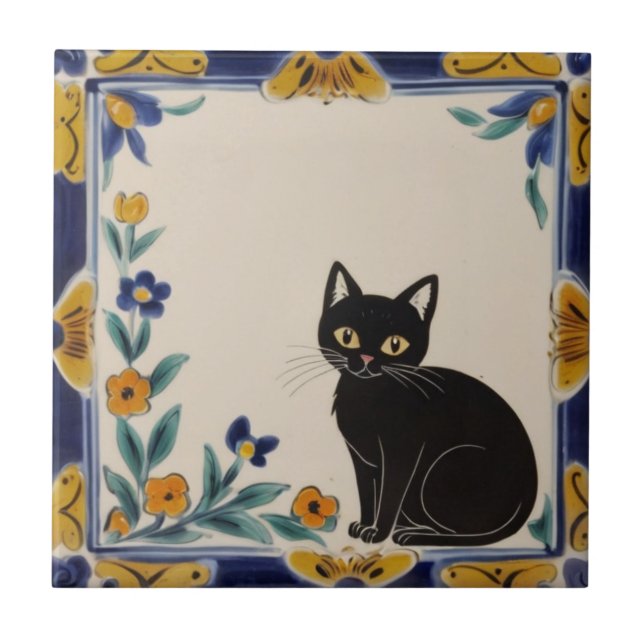 Carreau Chats Floraux - Joli Chat Noir & Fleurs Orange (Devant)