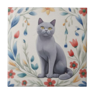 Carreau Chats Gris Floraux - Couleurs de Chat Gris Folklor