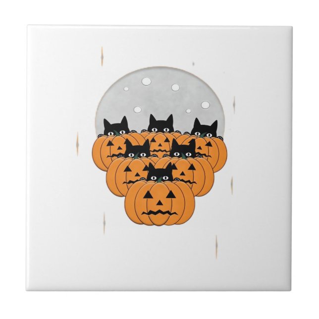 Carreau Chats  Halloween  Citrouilles  Fond Noir  Illustr (Devant)