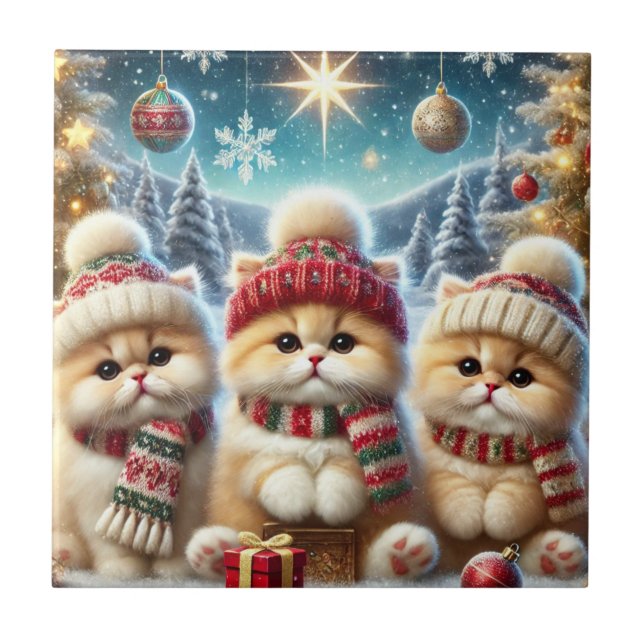 Carreau Chats Kitty en décoration de Noël et neige (Devant)
