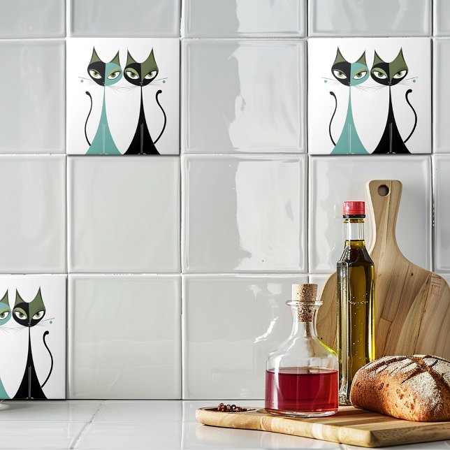 Carreau Chats MCM vintage Retro Turquoise Vert Noir (Créateur téléchargé)