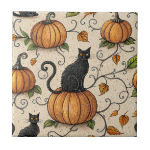Carreau Chats noirs et Motif Citrouille d'Halloween